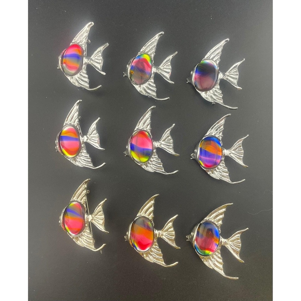 Lot of 9 Silver Tone‎ Fish Brooch Components Rainbow Art Glass Designer Ready